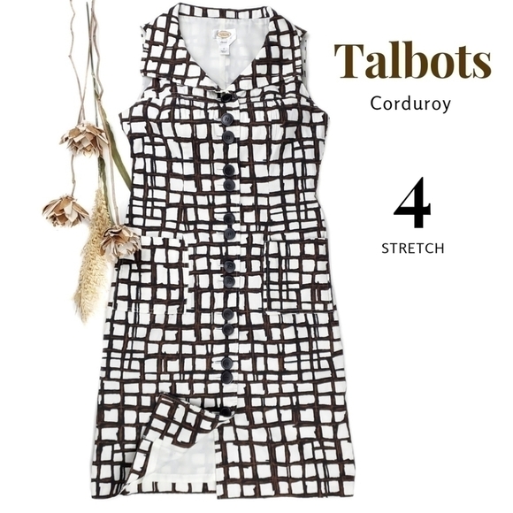 Talbots Stretch Corduroy White Brown Black Check Patterned Dress Size 4 - Picture 1 of 16